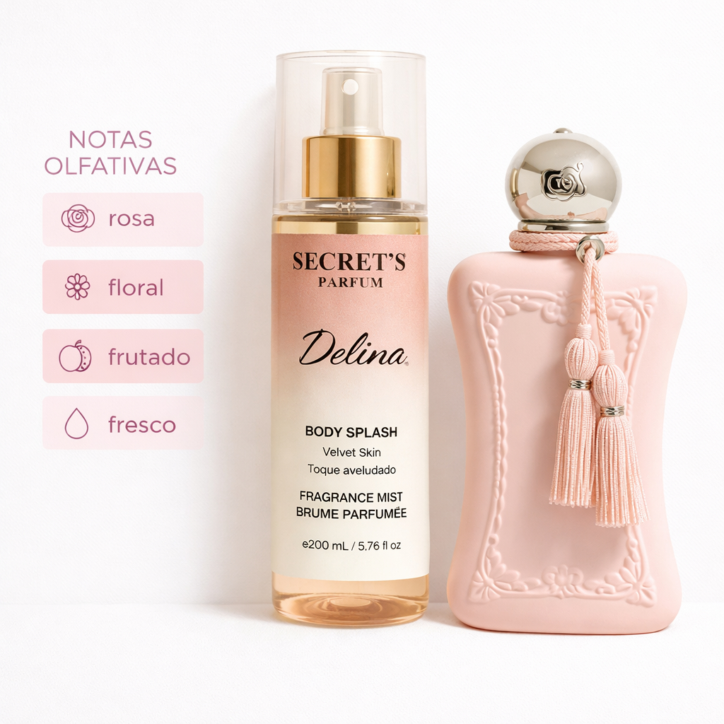 Body Splash Delina 200ml Secret's Parfum - Feminino, Rosa, Lichia Marcante, Elegante, Longa Duração