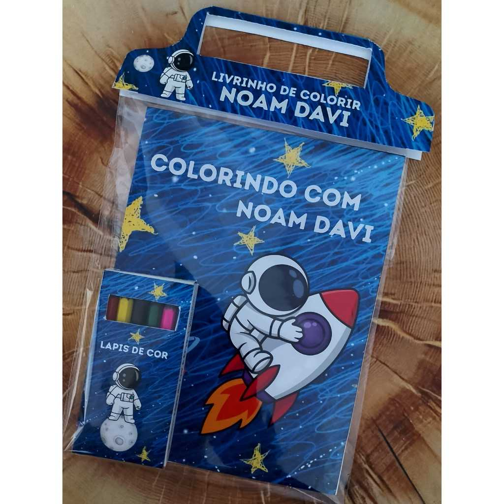 Kit Livrinho/ Revista de Colorir Personalizado Infantil + Lápis ou Giz | Astronauta -Todos os temas | Lembrancinha Festa