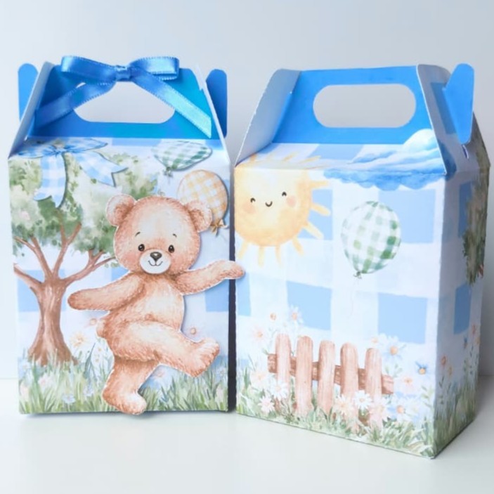 PEGUE E MONTE Caixinha Maletinha Ursinho Aquarela Azul Sacolinha p/ Lembrancinha Festa Infantil Personalizada