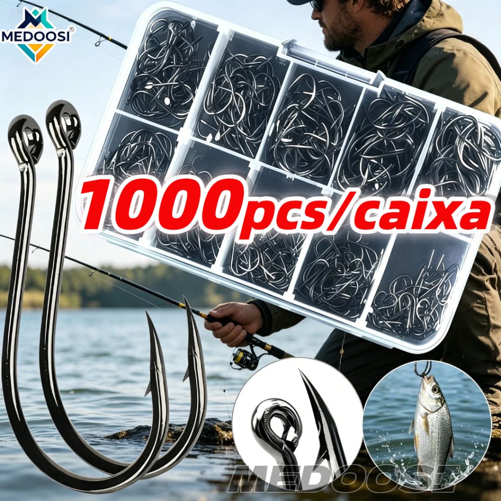 MEDOOSI Kit 1000 Anzóis Aço Alto Carbono | Ganchos #3 ao #12, com Estojo de Armazenamento Profissional em Oferta na Shopee