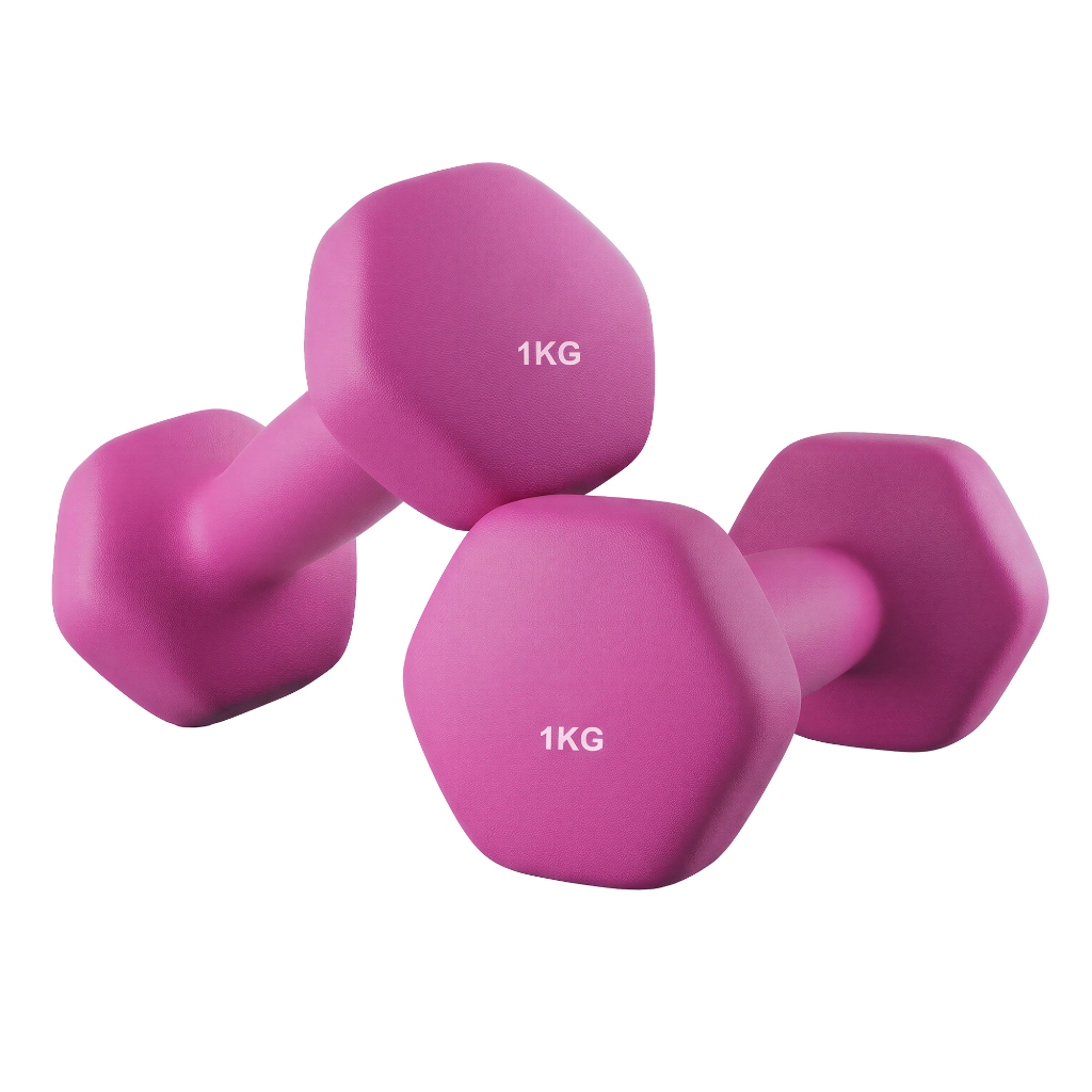 Imagem SONGMICS Par de Pesos Livres, Halteres Hexagonais com Revestimento em Neoprene, Exercícios em Casa, 2 x 1 kg, Rosa