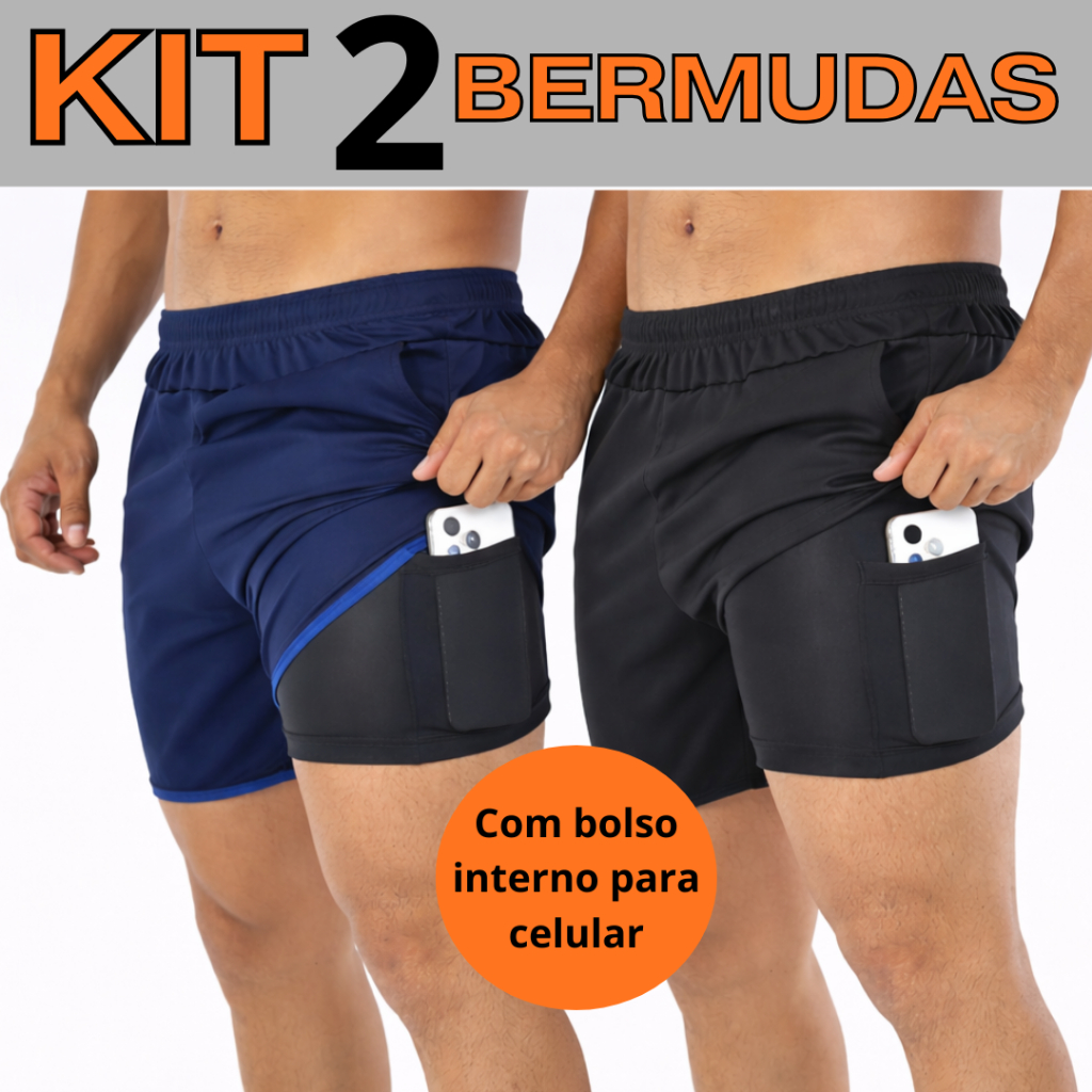 Kit 2 Bermuda Shorts 2 em 1 Masculino Duplo para Esporte Academia e Corrida em Oferta na Shopee