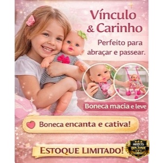 Kit BabyCare Deluxe™ Boneca Babidu Dodói 33cm + Carrinho Dobrável Rosa Infantil Diversão Garantida