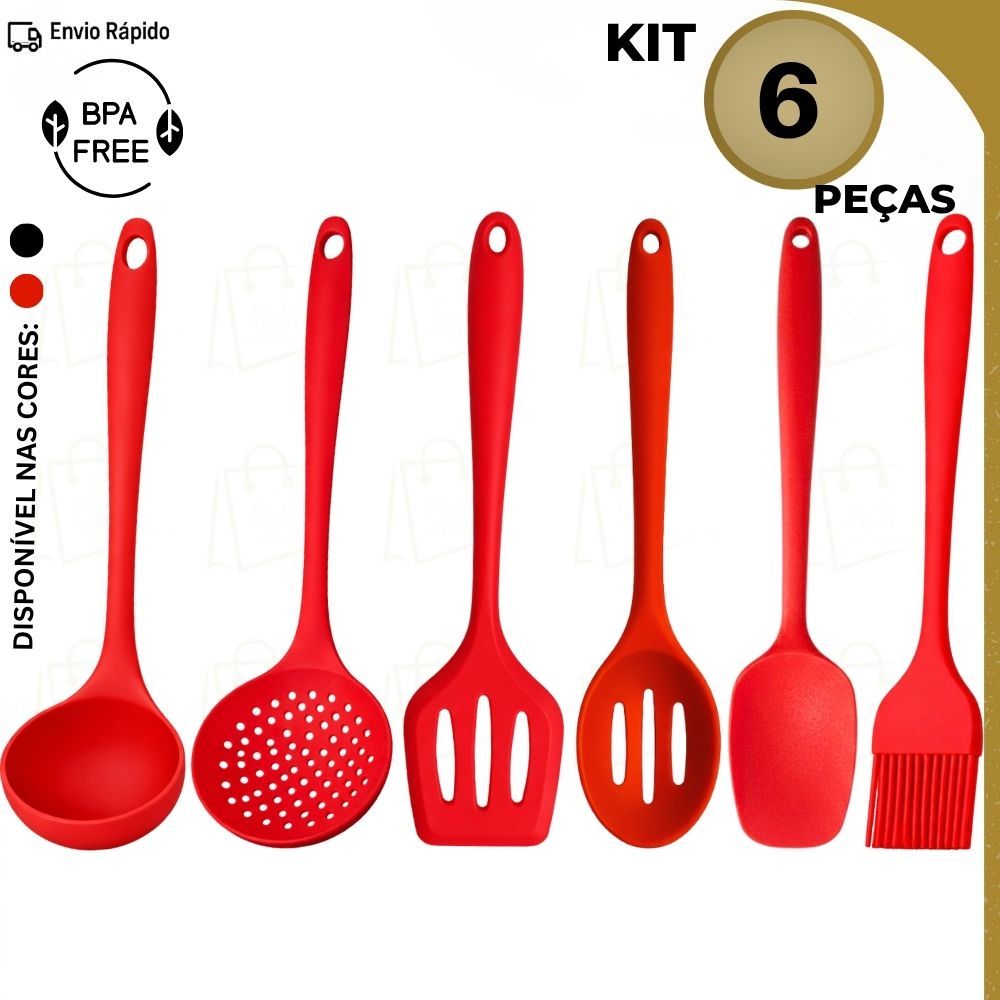 Kit 6 Utensílios de Silicone Para Cozinha Resistente Livre de BPA Praticidade Preto ou Vermelho