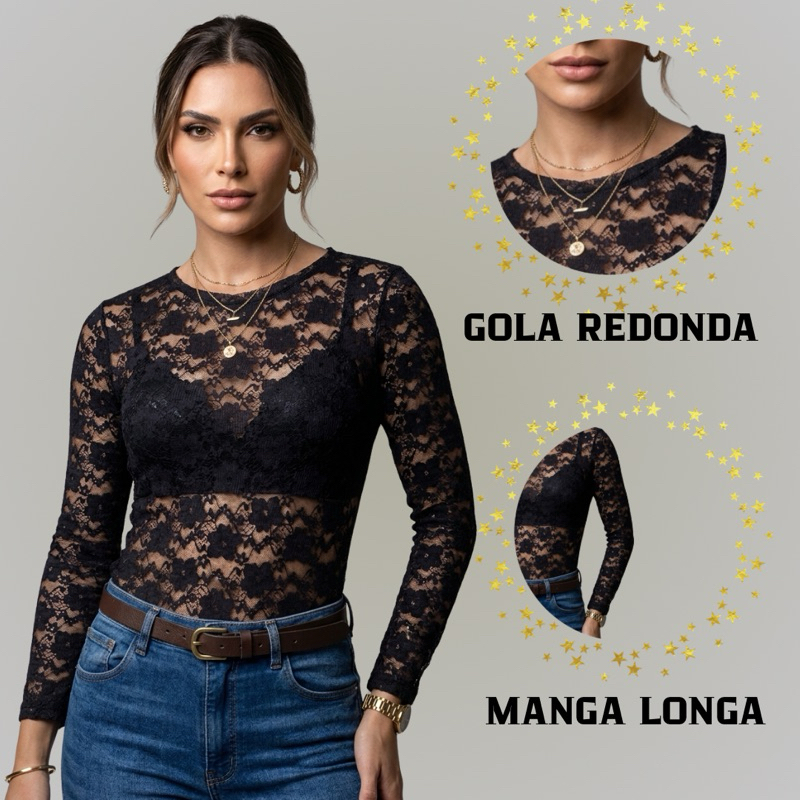 Blusa De Renda Gola Redonda Tule Transparente Manga longa