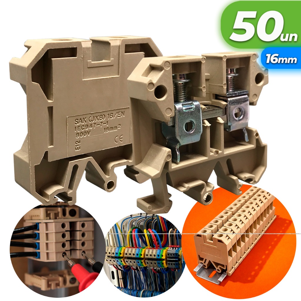 Kit 50x Conector Borne Sak 16mm Bege Conector Borne de Passagem Elétrico Fixação Trilho Din Atacado