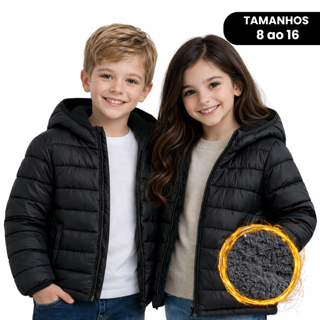 Jaqueta Infantil Bobojaco Puffer Inverno Forro Peluciado Super Quente Capuz Removível 8 a 16 Anos