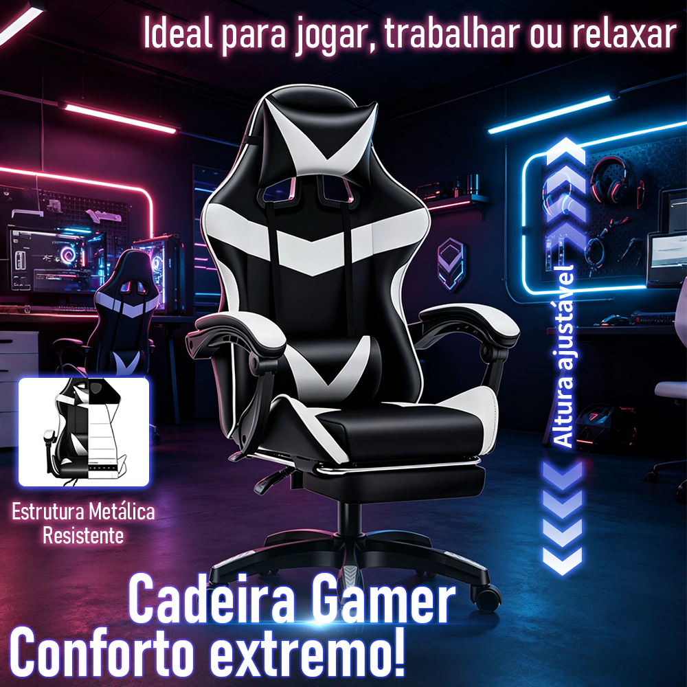 Cadeira Gamer Ergonômica - Escritório, Casa e Universitário com Reclinação e Altura Ajustável