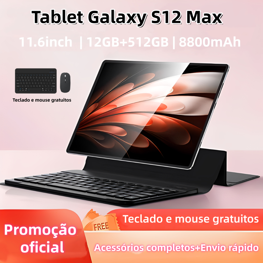 Tablet Galaxy S12 Max 12 GB + 512 GB 11,6 polegadas HD Dual SIM Dual Core 8800 mAh Android 13.0   Teclado, mouse
