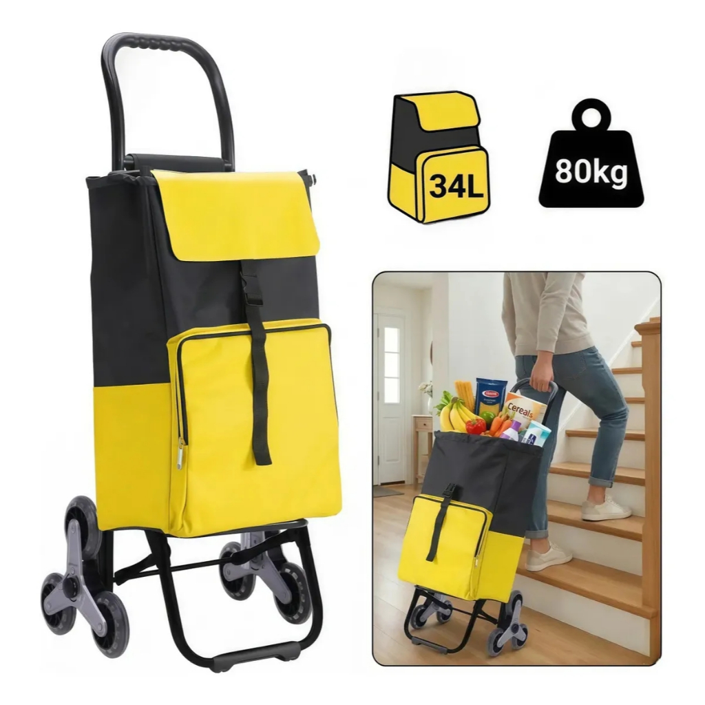 Carrinho De Feira Compras 6 Rodas Sobe Escada 80 Kg Dobrável Multiuso Portátil Reforçado Aço Resistente Espaçoso Yesop