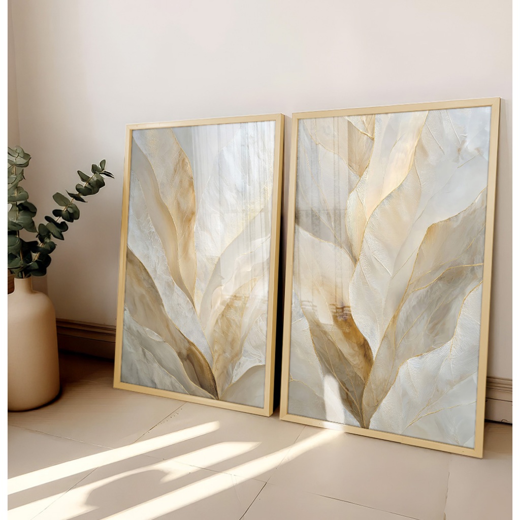 Quadro Abstrato Folhagem Com Moldura Quadro Decorativo Sala Grande Quadro Dourado Branco Folhas Duo