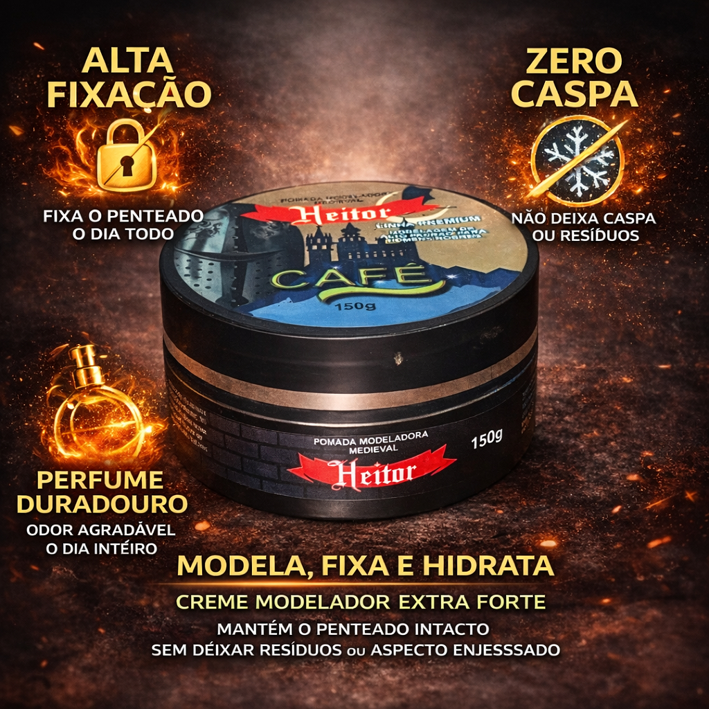 Pomada Modeladora Masculina Heitor Café 150g | Alta Fixação Extra Forte | Zero Caspa | Perfume Duradouro | Não Deixa Res