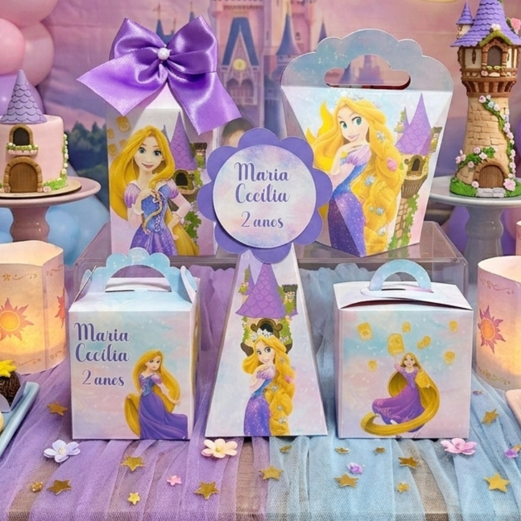 Kit Lembrancinhas Rapunzel Infantil Pegue e Monte Caixinhas Personalizadas Festa Princess