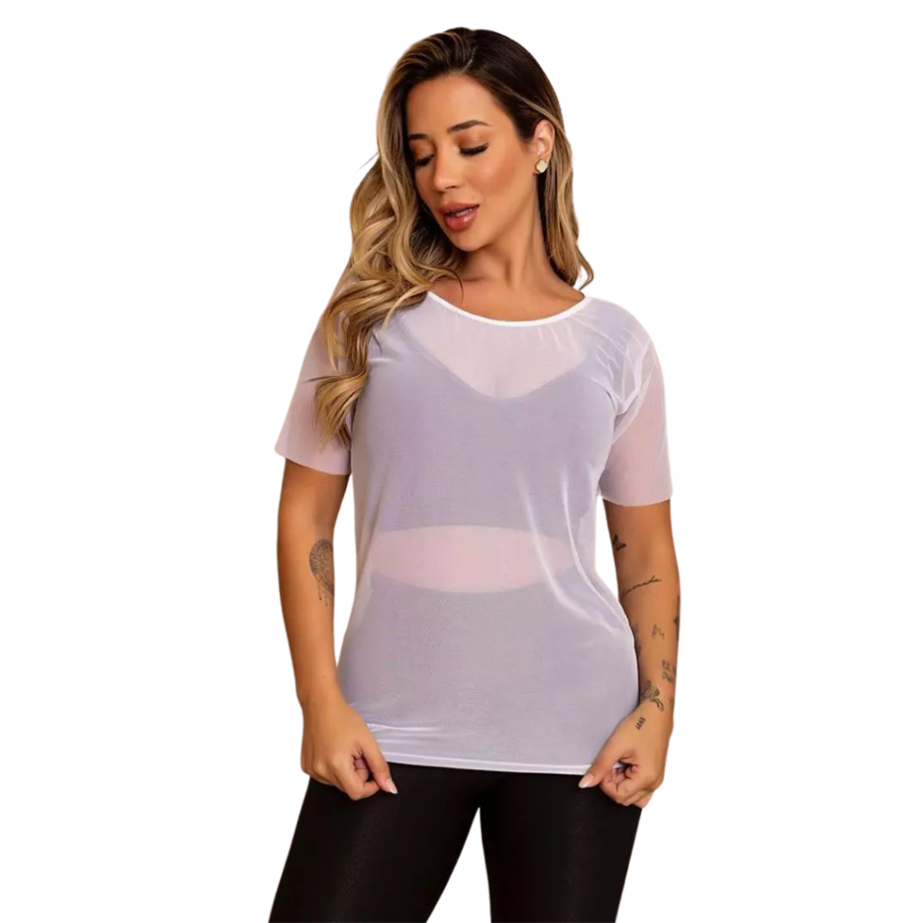 Blusa Feminina Transparente De Tule Manga Curta Camiseta Academia Treino Fitness Musculação