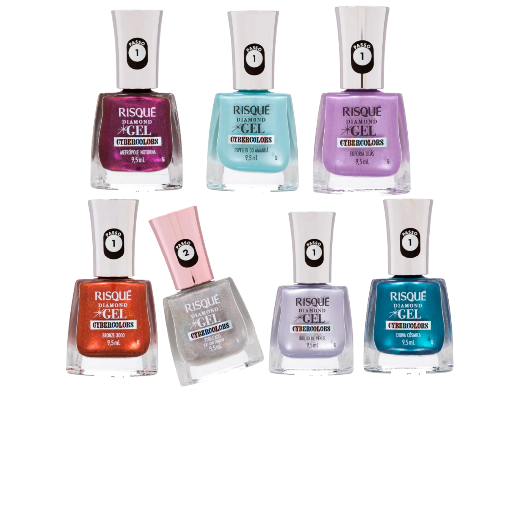 Kit Esmaltes Risqué Efeito Gel Coleção Cybercolors 6 Diamond Gel + 1 Top Coat Pixelizado Sem Cabine em Oferta na Shopee