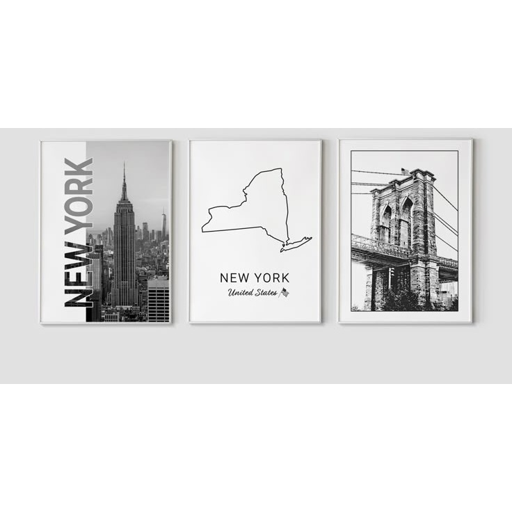 Quadros Decorativos New York Empire State e Brooklyn Bridge (3 peças)