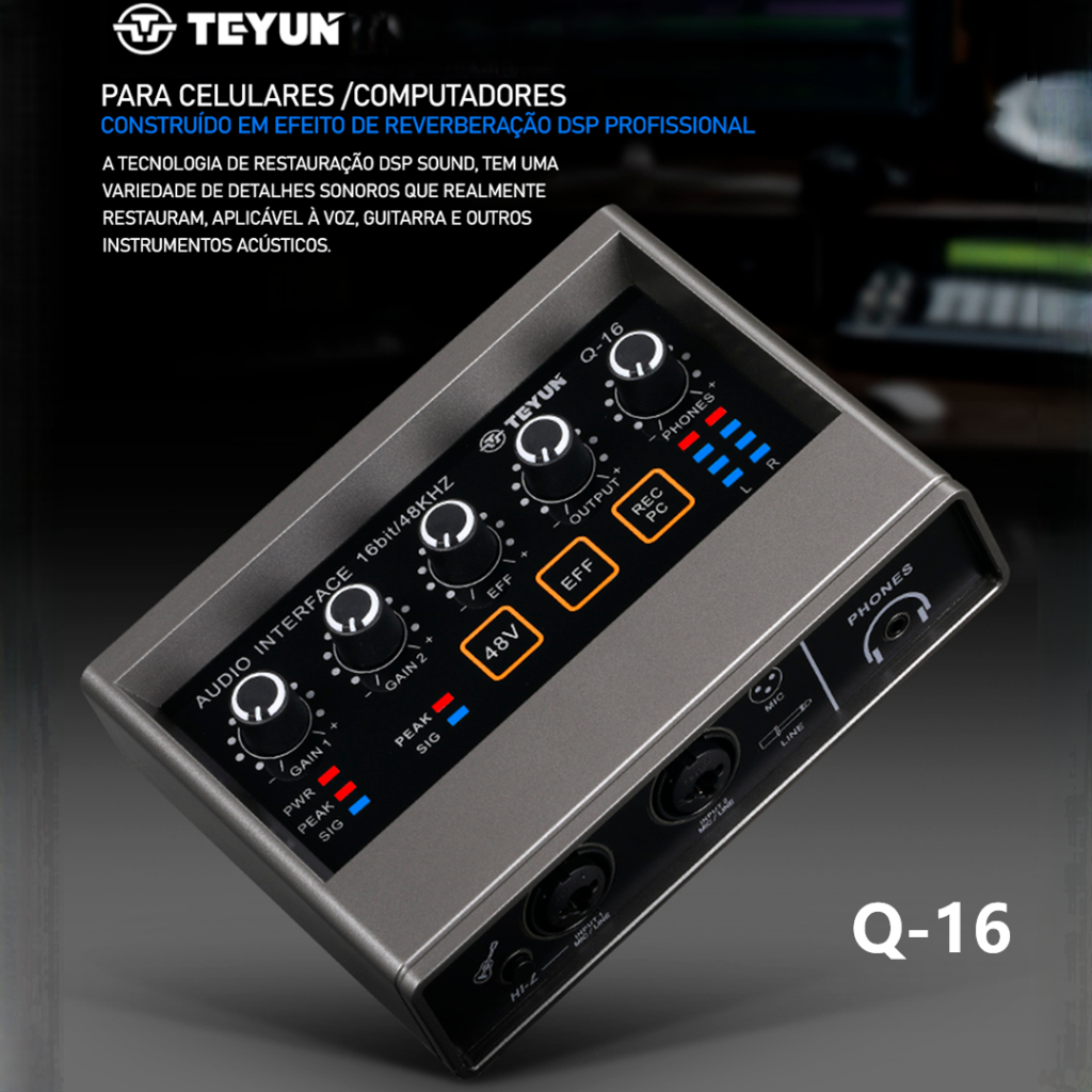 Teyun Placa de Som Profissional Q-16 Kit Completo para Podcast e Live