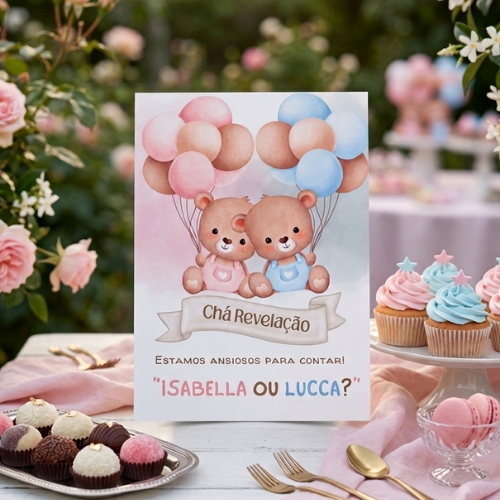 Plaquinha De Mesa Agradecimento Chá Revelação Personalizada Ursinho Kit Papelaria Luxo Display Enfeite Convidados Decora