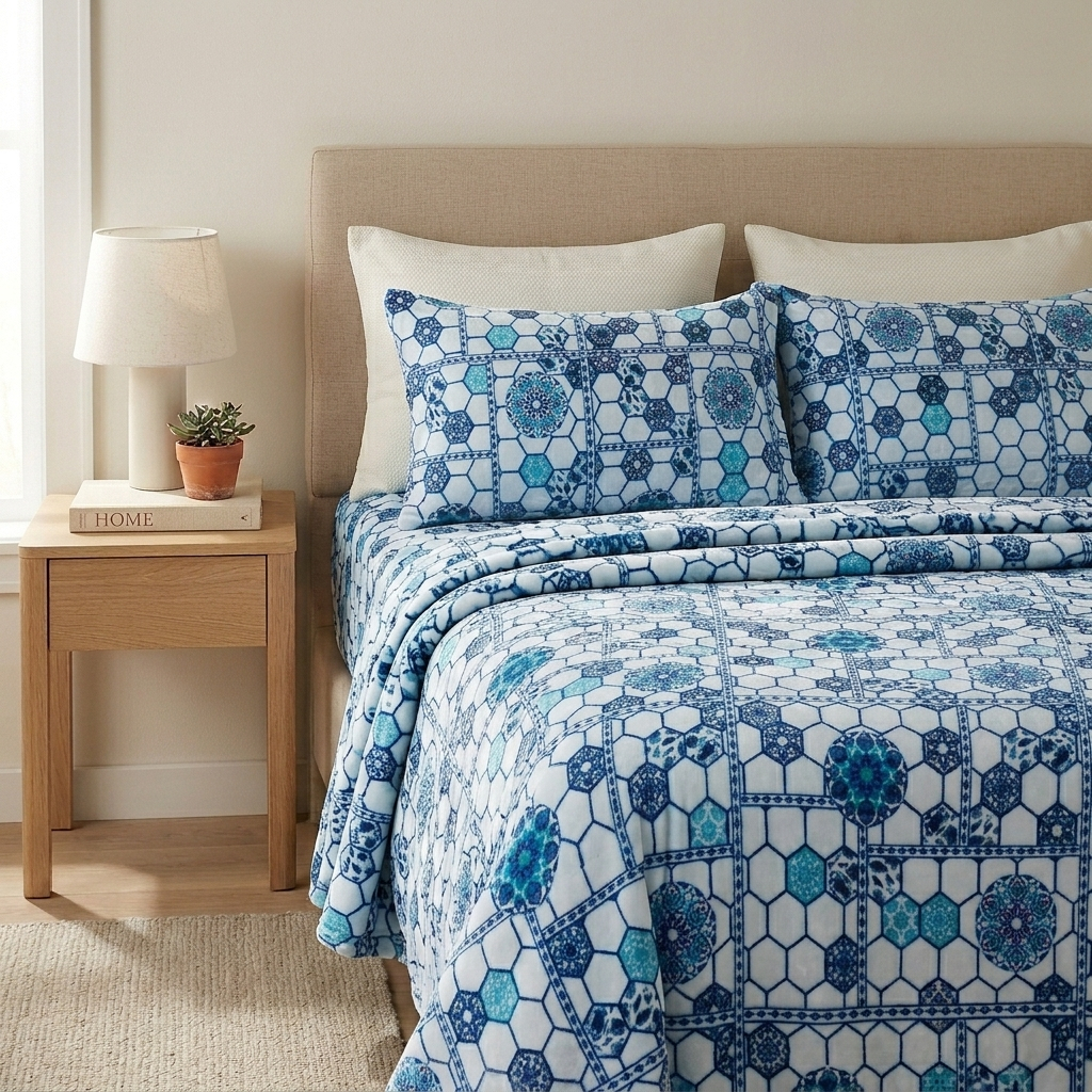 Jogo de Cama Queen 4 Peças Poliéster Estampado Elástico Total 30cm Cama Box Linha Charme