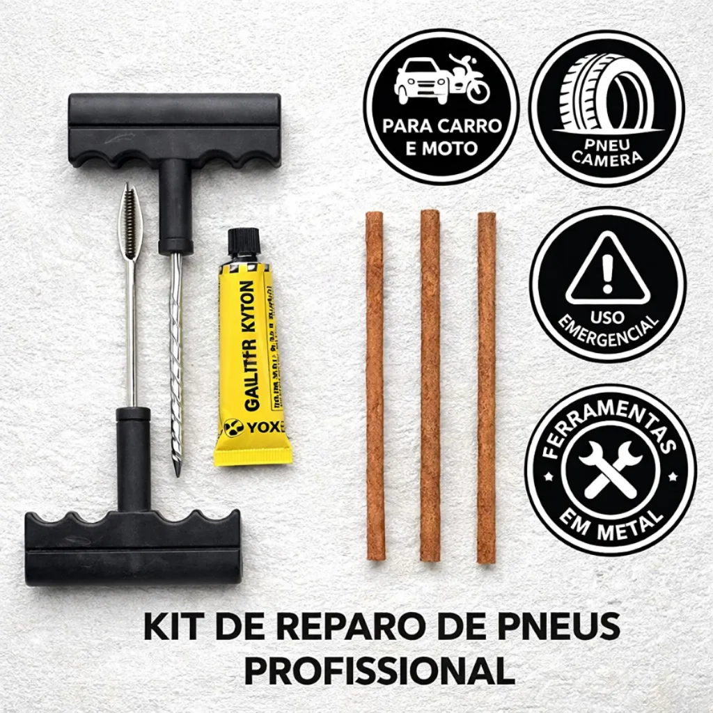 Kit Reparo Conserto Pneu Carro Moto Profissional Macarrão Emergência +  Refil Selante Macarrão Remendo Auto Colante
