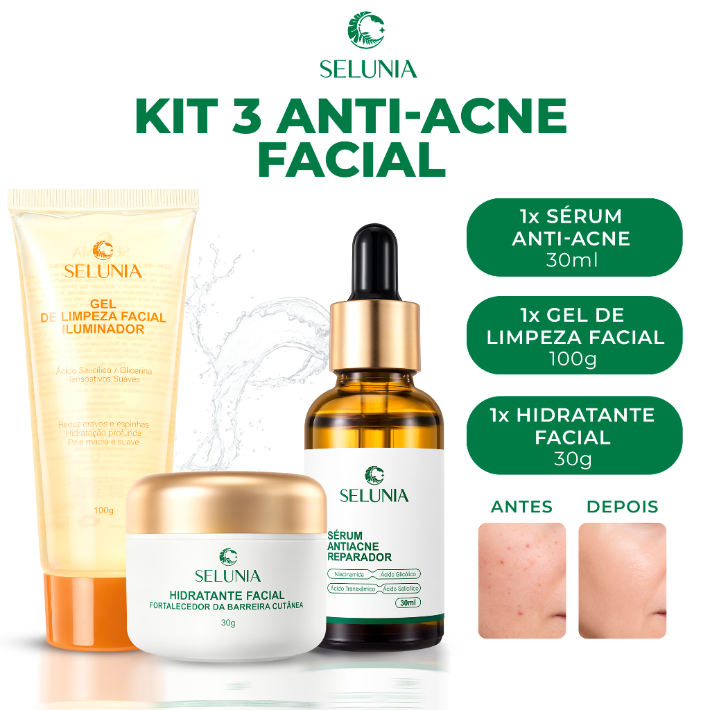 Kit 3 Skincare SELUNIA Facial | Gel Limpeza+Sérum Anti-acne +Creme Reduz Cravos Espinhas Pele Oleosa
