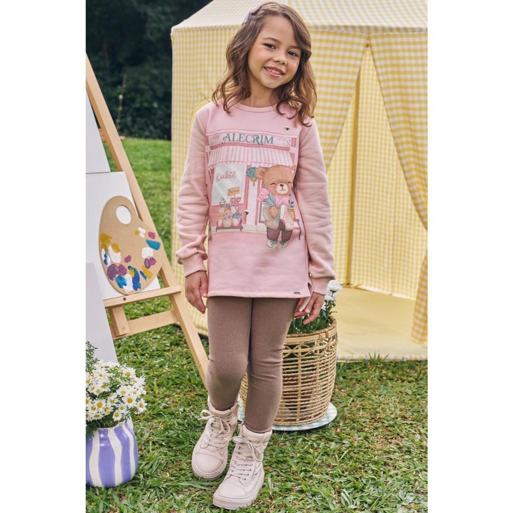 Conjunto Infantil Menina Kukiê Inverno com Calça Legging e Moletom Flanelado Ursinha
