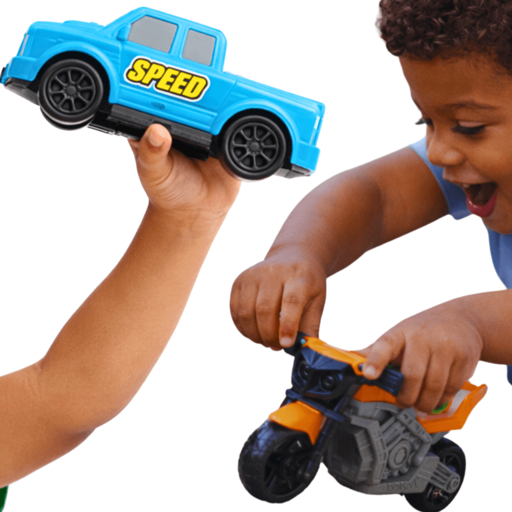 Kit Brinquedos presente menino infantil Carro mini caçamba + Moto miniatura com pezinho funcional