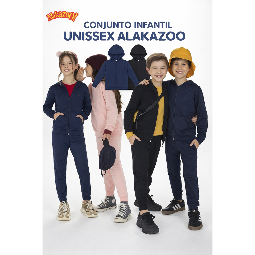 CONJUNTO INFANTIL UNISSEX ALAKAZOO MOLETOM COM CAPUZ ZÍPER CONFORTÁVEL MENINO MENINA