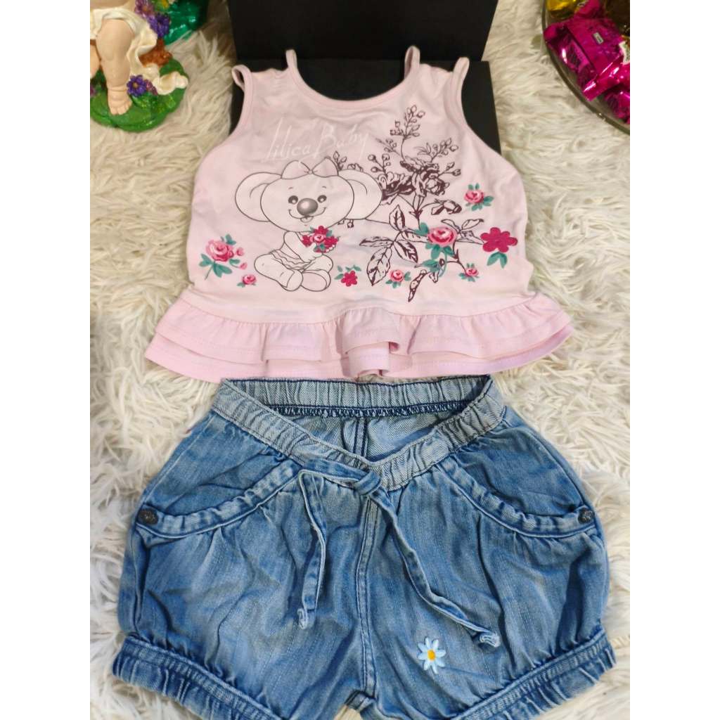 Conjunto Bebê Feminino, ( Blusa Rosa Cotton + Shorts Jeans), Tam: M/G - 6 A 12 Meses, Marca: Dmbauer