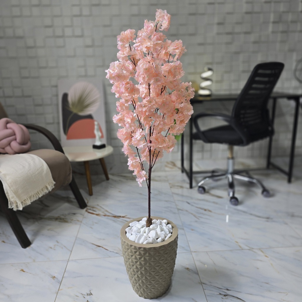 Flor Artificial Cerejeira Japonesa Salmão Vaso Cone Mármore Pedra