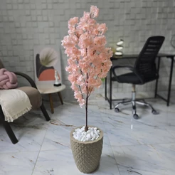 Flor Artificial Cerejeira Japonesa Salmão Vaso Cone Mármore Pedra