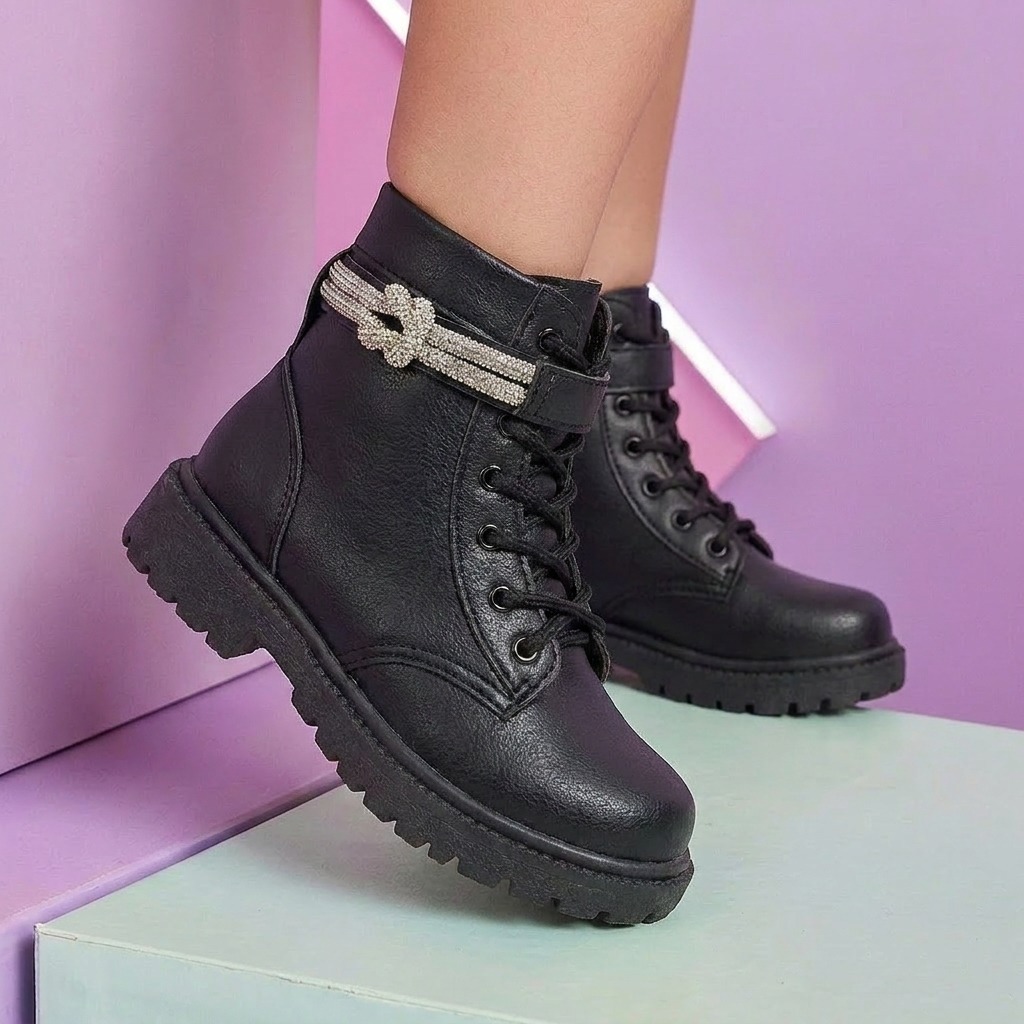 Bota Coturno Juvenil Estiloso Menina Bota Cano Baixo Nó Strass Outono Inverno Solami