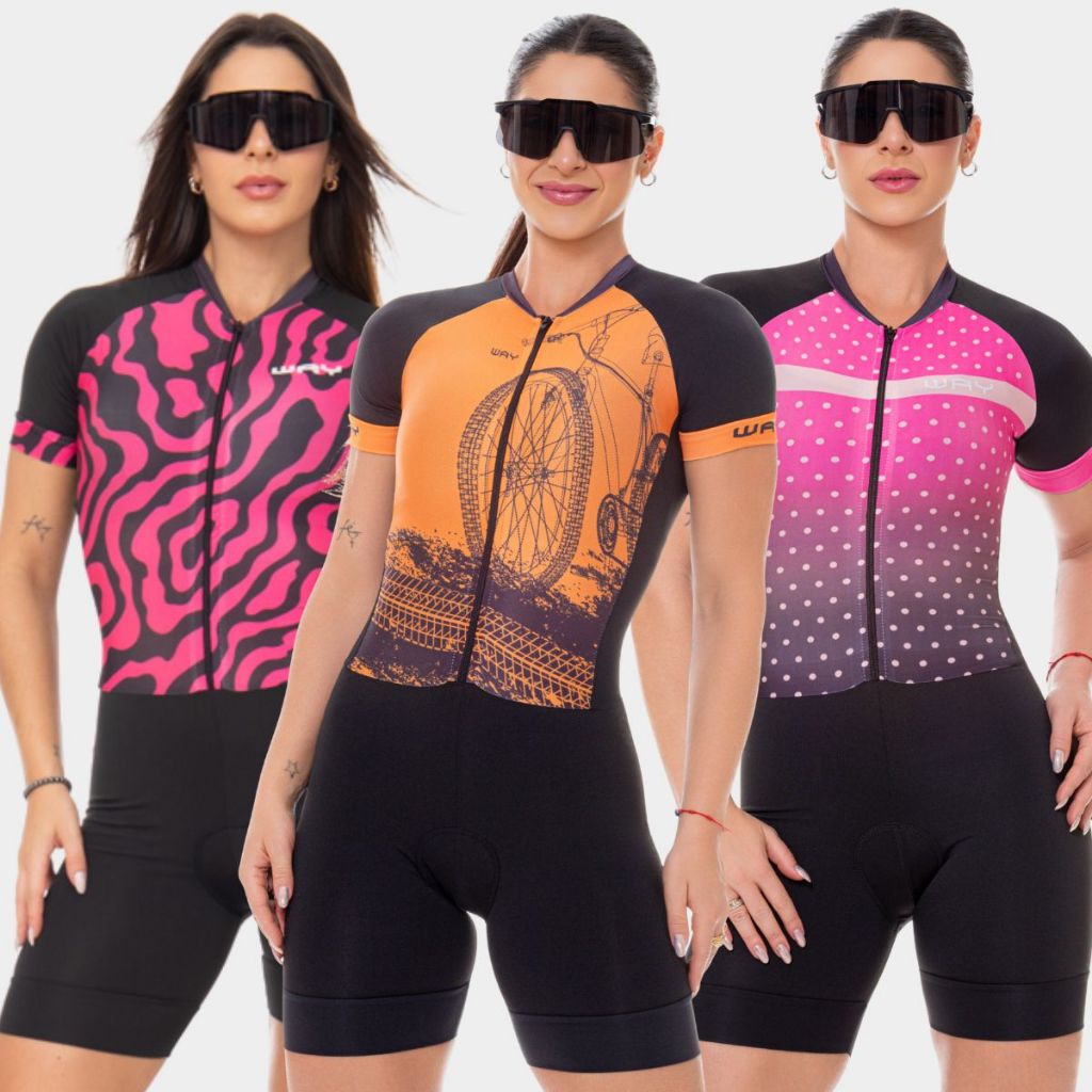 Macaquinho Ciclismo Feminino Macacão Manga Curta Forro Espuma Acolchoado Roupa Bike Pedal MTB