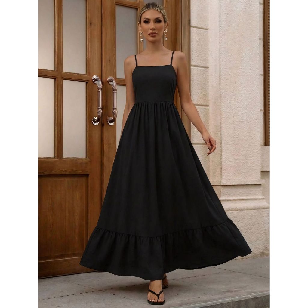 REF: 4141 Vestido feminino de verão, cor sólida, sem mangas, suspensório, costas nuas, linha A, saia longa, s