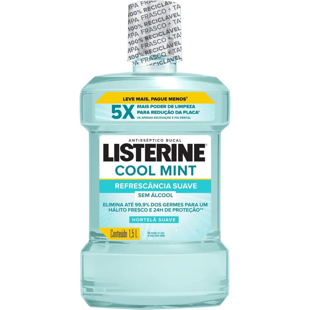 Enxaguante Bucal Antisséptico Cool Mint Zero Álcool Refrescância Suave 1,5l Listerine