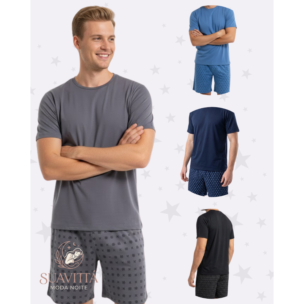 Kit Combo c/ 1 ou 2 Pijamas Masculino Curto Blusa e Short Promoção Homem Pronta Entrega Envio Rapido