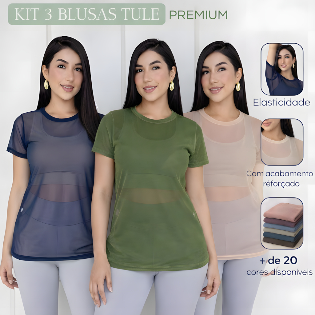 Kit Com 3 Blusas De Tule Para Academia Moda Fitnes em Oferta na Shopee