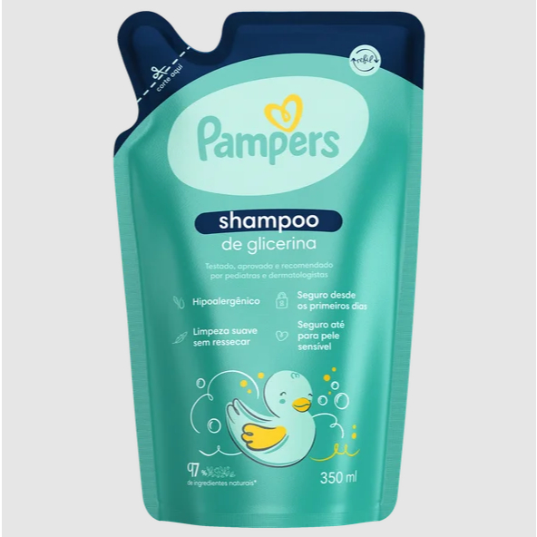 Shampoo Infantil de Glicerina Pampers Sachê 350ml Refil – Limpeza Suave e Hidratação para o Bebê