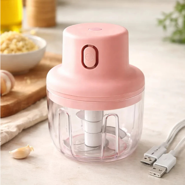 Mini Processador de Alimentos Elétrico Rosa 250ml Recarregável com Cabo USB