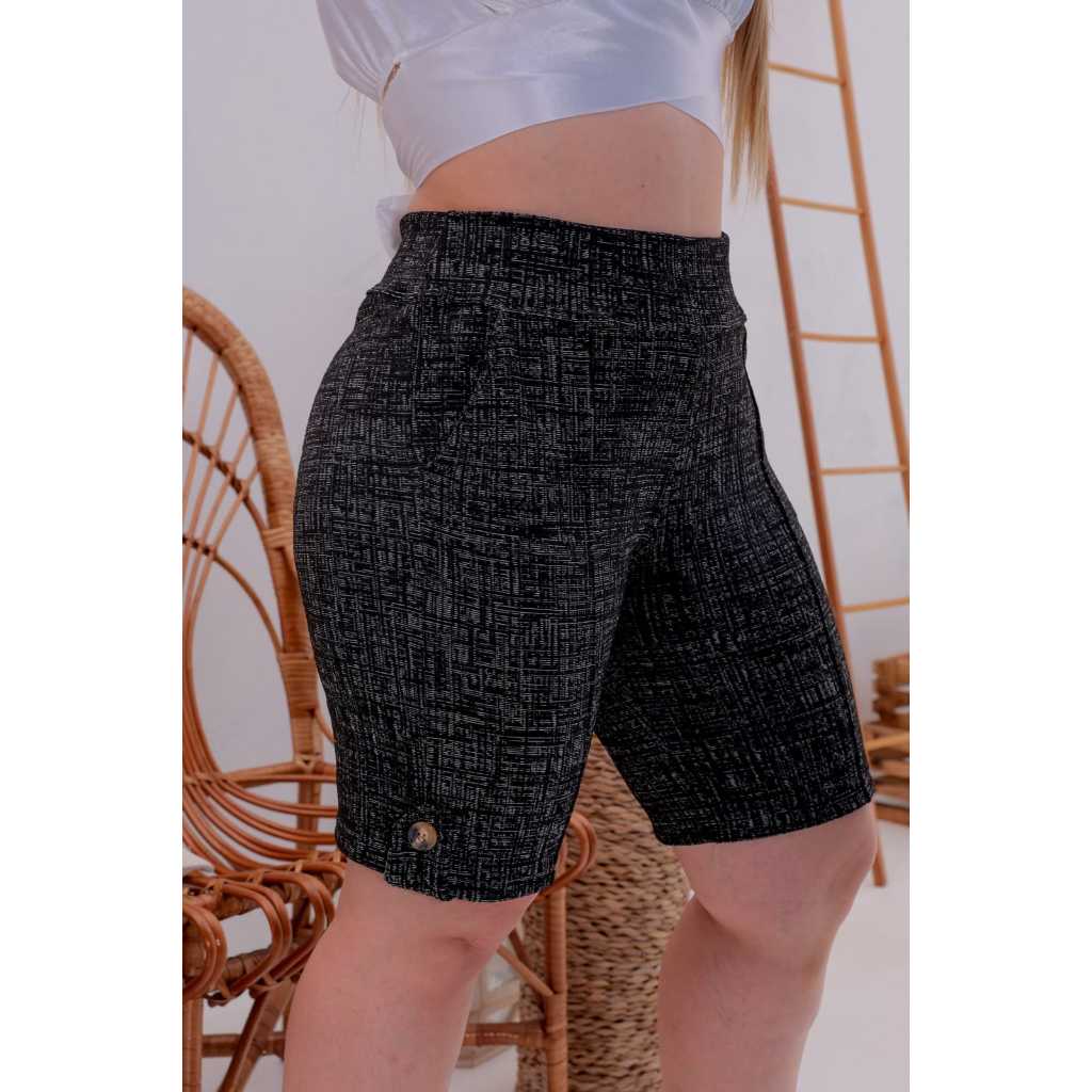 Bermuda Feminina Elegante Estiloso Jacquard Premium Cintura Alta Bolso Funcional Botão Dia a Dia