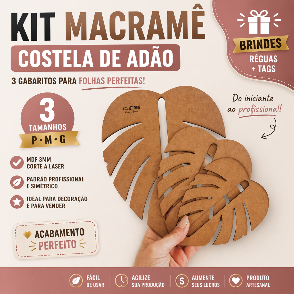 Molde Macramê Costela de Adão Kit 3 Gabaritos MDF + Réguas e Tags | Folha Monstera DIY Profissional