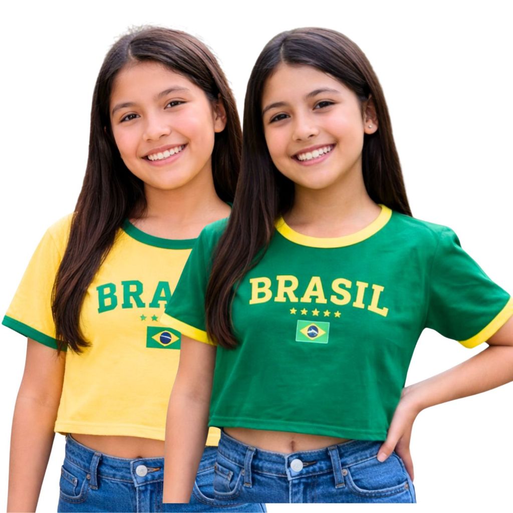 Kit 2 Cropped Infanto Juvenil Brasil Blusa Menina Bandeira Brasil Aplicação  Viscolycra Leve e Macia