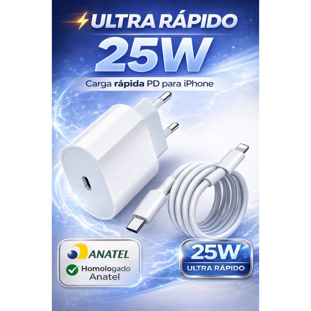 Carregador iPhone 25W Turbo USB-C PD Ultra Rápido + Cabo Lightning 11 12 13 14 Branco Bivolt Anatel