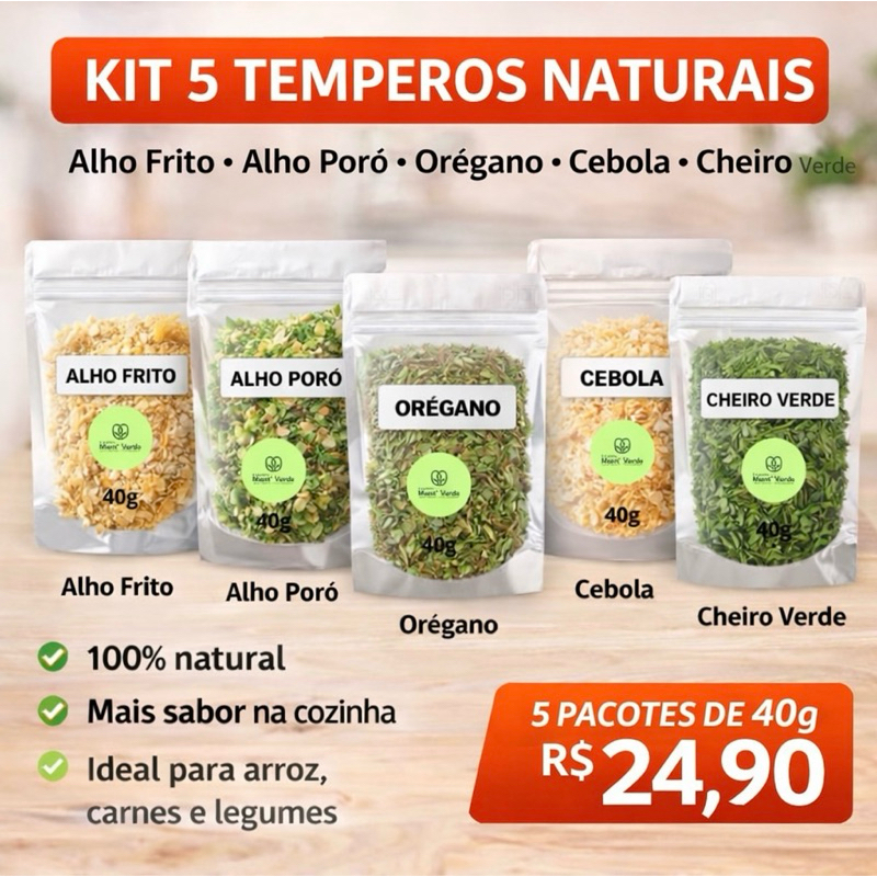 Kit 5 Temperos Naturais 200g | Alho Frito + Alho Poró + Orégano + Cebola + Cheiro Verde | Tempero