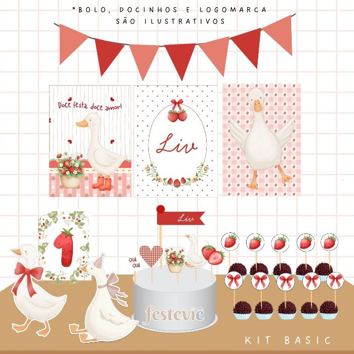 Kit festa em casa gansos e morangos aniversário personalizado patinho e moranguinho mesversário só um bolinho cute