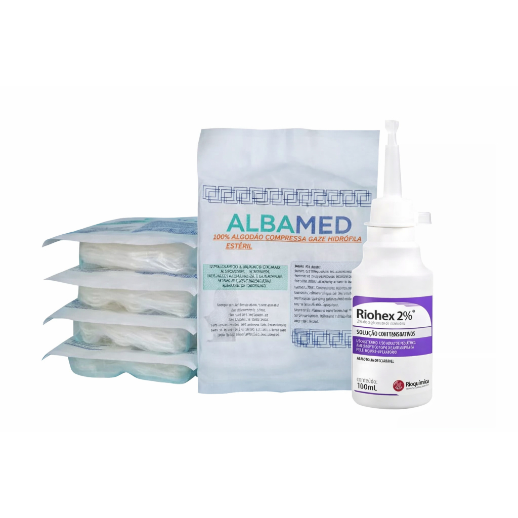 Kit Limpeza Higienização de machucados e Feridas - 50 Gaze Estéril + Riohex 2% 100ml