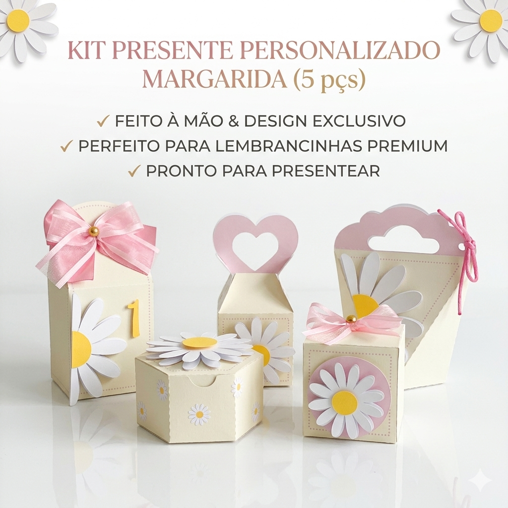 Kit Margarida | Kit Lembrancinha Aniversário Infantil Floral | Caixinhas Personalizadas para Doces | Festa Delicada