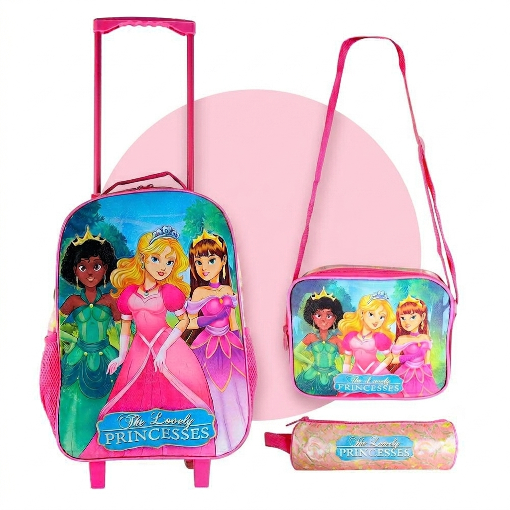 Kit Escolar menina princesa Mochila de Carrinho Lancheira Estojo Diversão Organização Volta as aulas