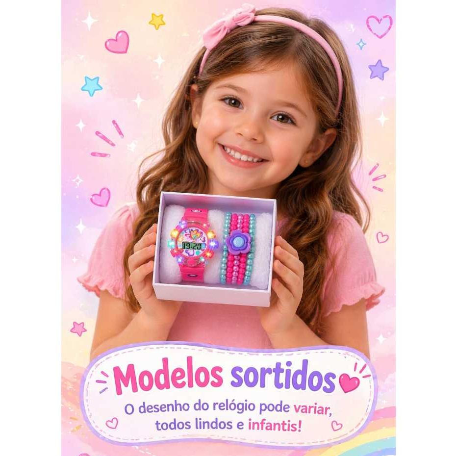 Conjunto 3 Peças Relógio Led Sortido Infantil Para Meninas Com Pulseira e Caixinha Princesa Presente Personagens luxo