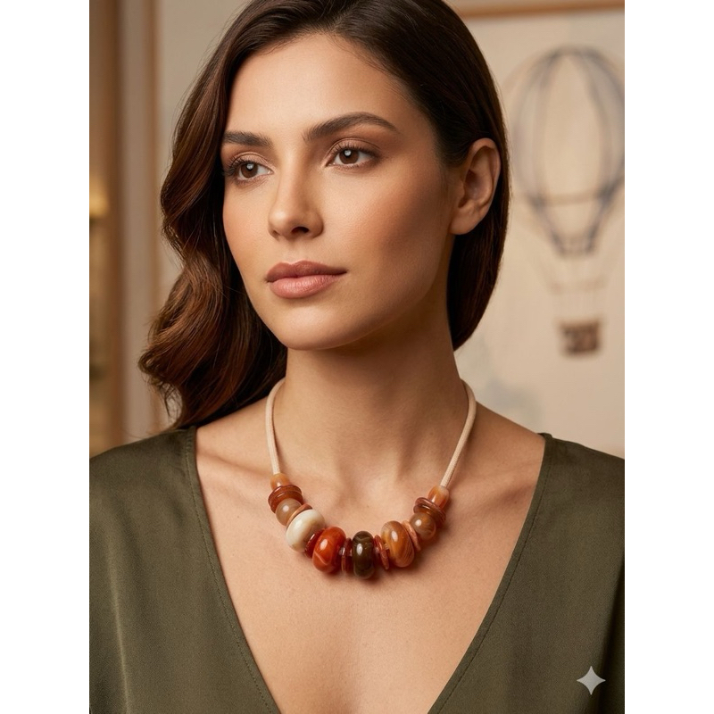 Maxi Colar Feminino Resina Premium Tons Caramelo Boho Chic Elegante